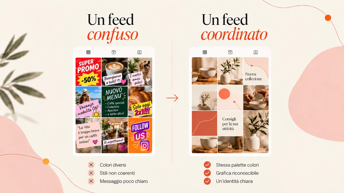 confronto tra due griglie Instagram da nove post di una piccola attività; a sinistra grafiche incoerenti per font e colori, a destra contenuti diversi coordinati da una palette e da una tipografia riconoscibili. Nessun marchio reale.