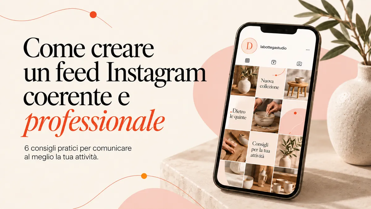 Griglia di post Instagram coordinati per colori, font e stile visivo di una piccola attività