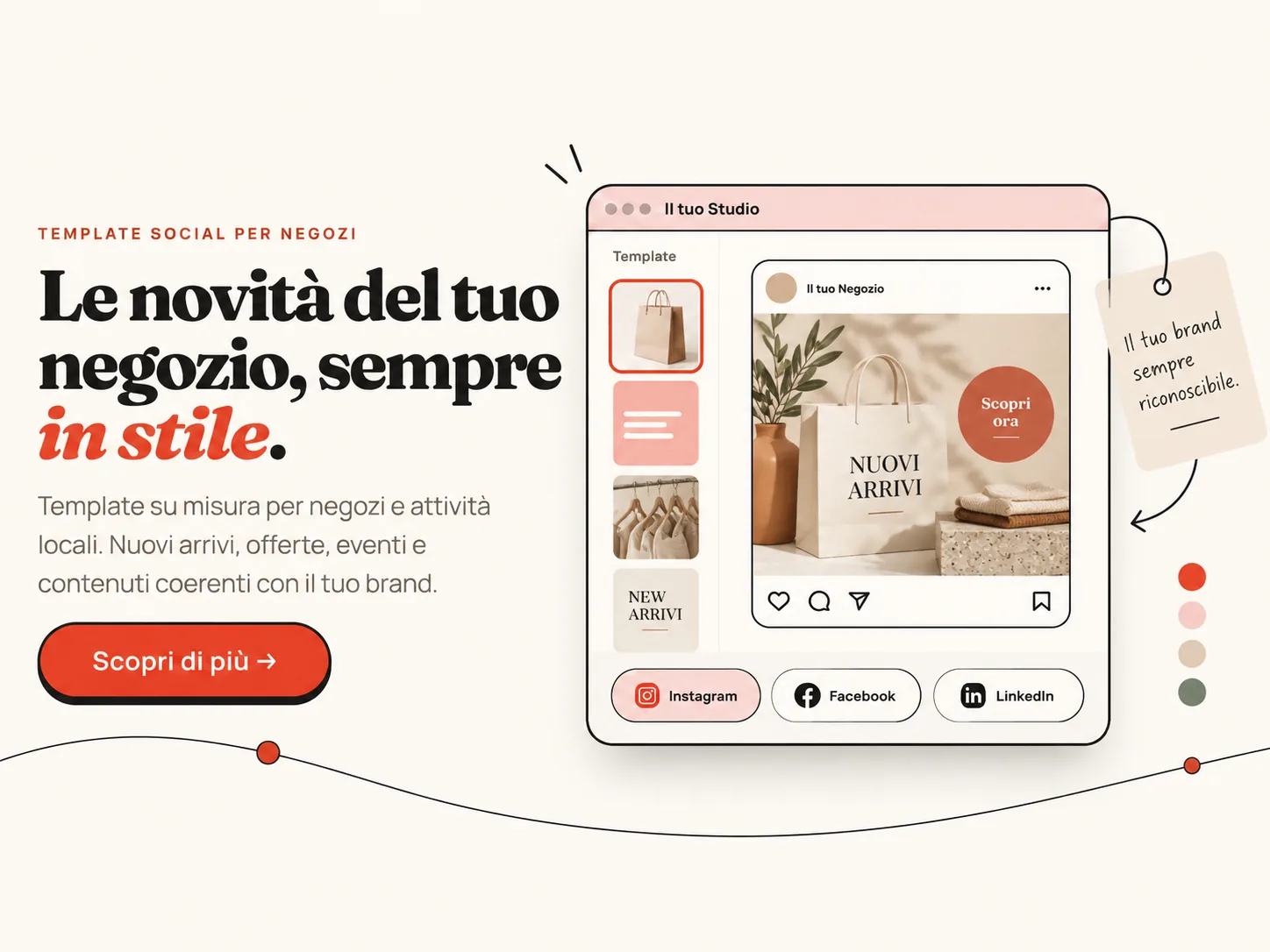 Lo Studio con un post «Nuovi arrivi» per un negozio: una shopping bag in primo piano e i template per promozioni e novità nella colonna laterale