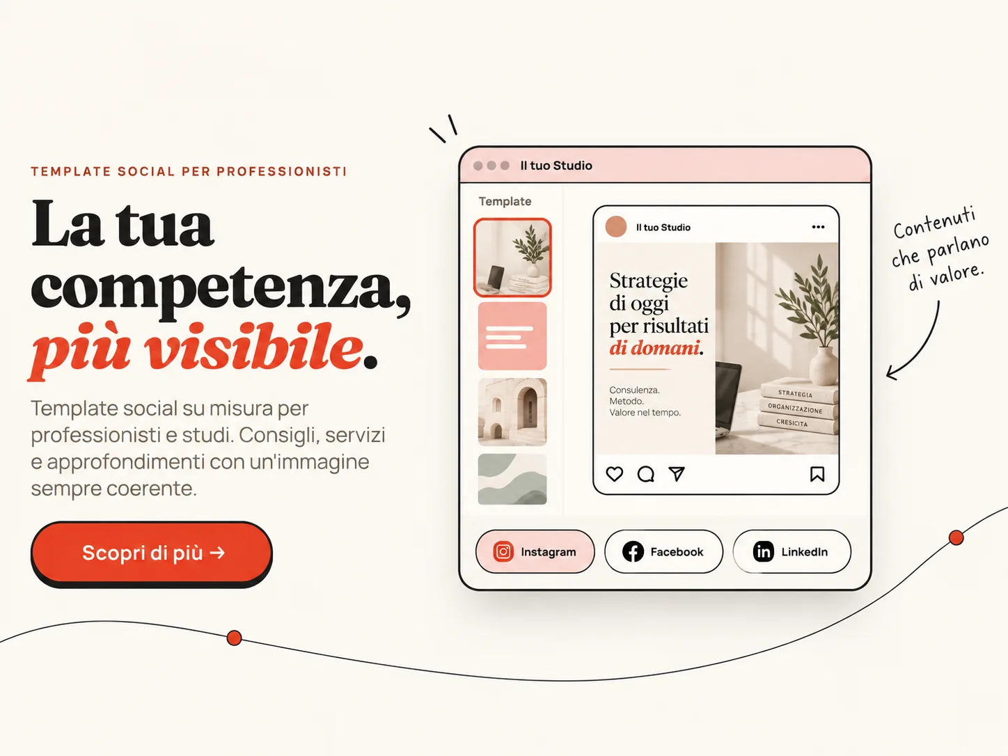 Lo Studio con un post informativo per uno studio professionale: un titolo in evidenza, una scrivania con libri e un breve testo di presentazione