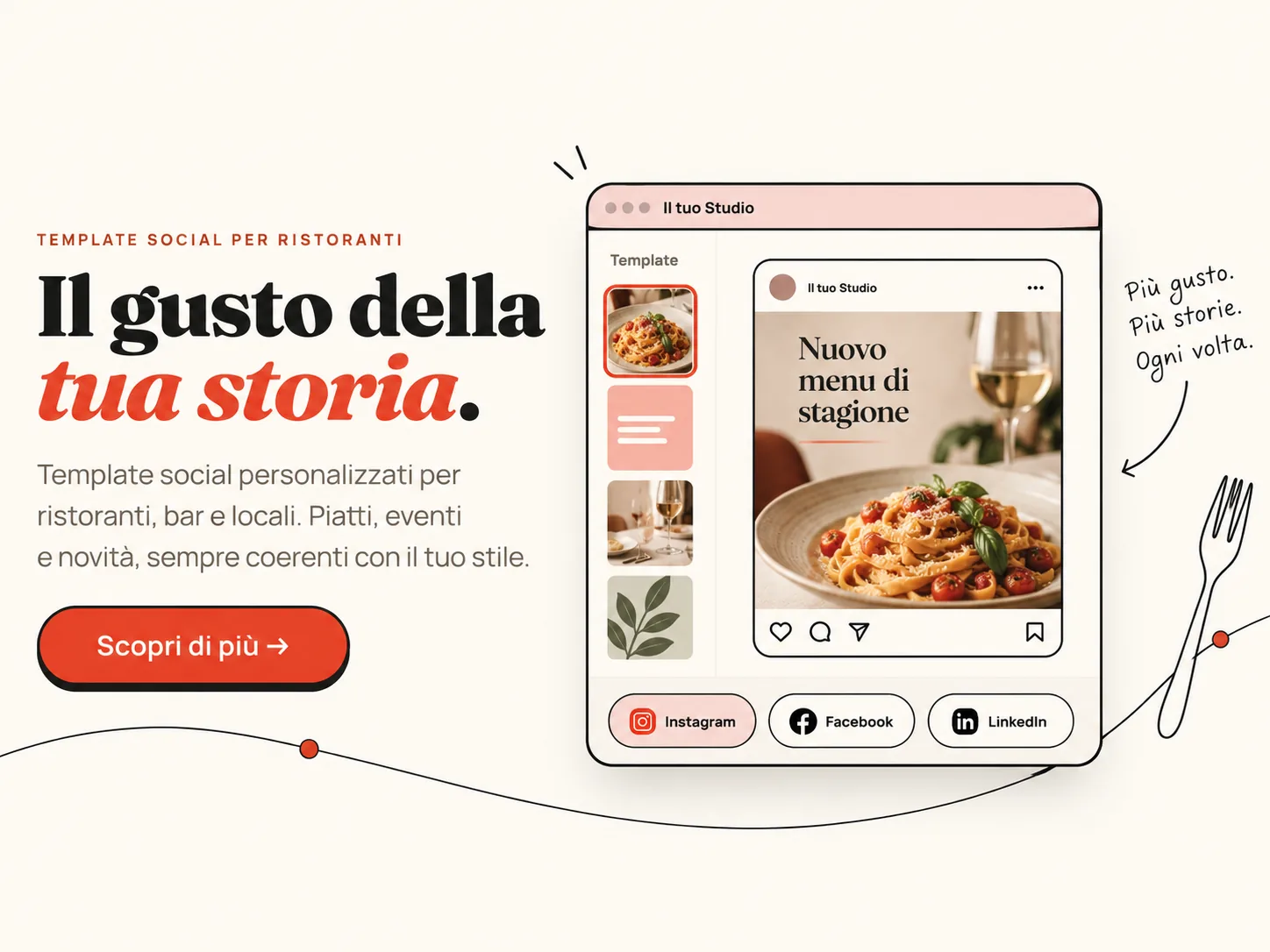 Lo Studio con un post «Nuovo menu di stagione»: la fotografia di un piatto di pasta incorniciata dai colori e dal carattere del locale
