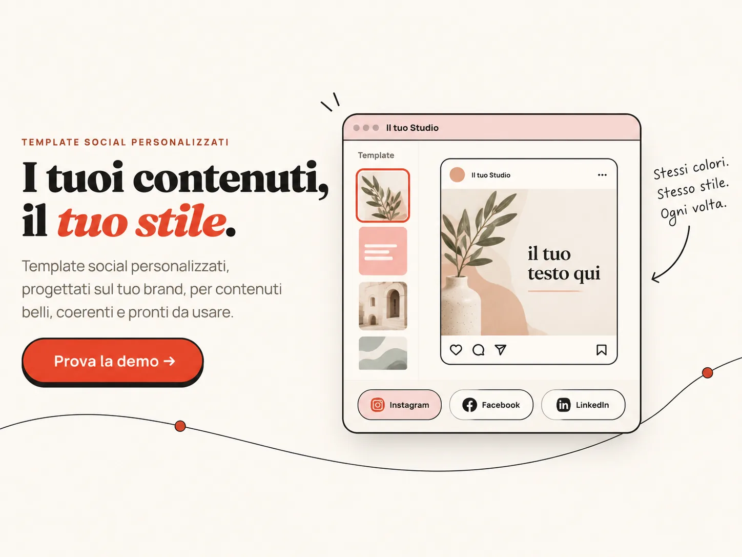 Lo Studio online con una colonna di template nei colori del brand e un post Instagram in composizione, con i pulsanti per Instagram, Facebook e LinkedIn
